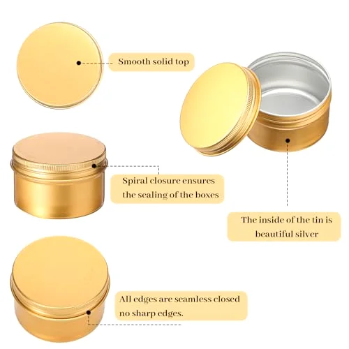 Gold Aluminum Tin Cans 24 Pcs 4 oz Round Metal Tin Jar Containers Refillable Aluminum Storage Cans with Screw Lid and 10 Sheets Label Sticker for Salve Spice Candy Candle view 4