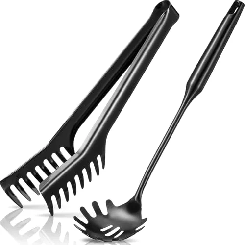 Stainless Steel Spaghetti Spoon and Pasta Tongs Set, Long Handle Noodle Server Tools with Drain Holes, Non-slip Grip for Cooking, Serving Pasta and Noodles