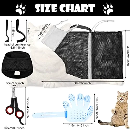5 Pcs Cat Bathing Bag Set Cat Grooming Bag Adjustable Pet Shower Net Muzzles Nail Clipper Tick Remover Tool Massage Brush view 2