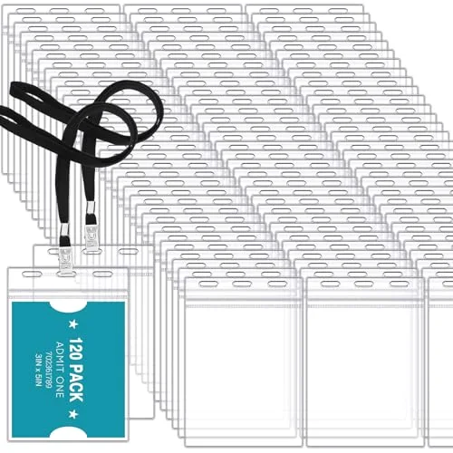 120 Pcs 3 x 5 Inch Large Clear ID Badge Holder with Black Lanyard Credential Holder Plastic Credential Badge Sleeves Clear Vertical Sealable Card Protector for Travel