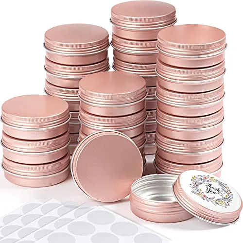 120 Pcs 2 oz Metal Round Tins Bulk Rose Gold Salve Tins with Screw Lid for Women Metal Jars Cans Containers 20 Sheets Stickers for Wedding Party Gift Candle Making DIY Salve Spice Balms