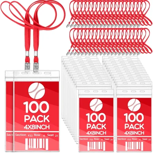 100 Pcs Extra Large 4 x 8 Inch Badge Holders with Lanyard Bulk PVC Waterproof Card Holder Credential ID Protector Sleeves 3 Lanyard Slots at Top for Office Sporting Events Concert