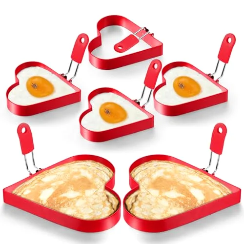 6 Pcs Heart Pancake Mold Fried 6'' and 4'' Stainless Red Hearts Shape Fried Egg Ring Set Stainless Steel Pancake Molds Silicone Handle Gift Breakfast Omelette