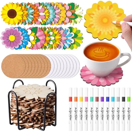 61 Pcs Flower Wooden Coasters Painting Kit for Adult Paint Your Own Floral Cork Coasters with Holder Markers Unfinished Drink Coaster Crafts Gift for DIY Adults Women Crafters Home Table Decor