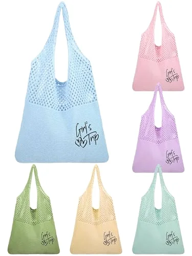 6 Pcs Girls Trip Gifts Embroidered Beach Mesh Tote Bags for Women Summer Beach Mesh Tote Girls Weekend Trip Favors