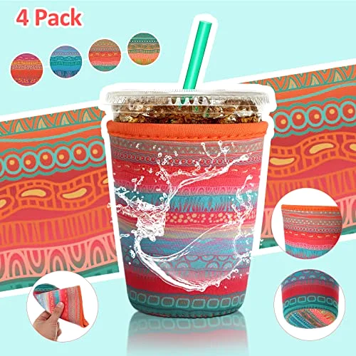 4 Pack Reusable Iced Coffee Insulator Sleeve, Neoprene Coffee Cup Holder for Iced Hot Drinks, Beverage Holder for Most Drinks view 4