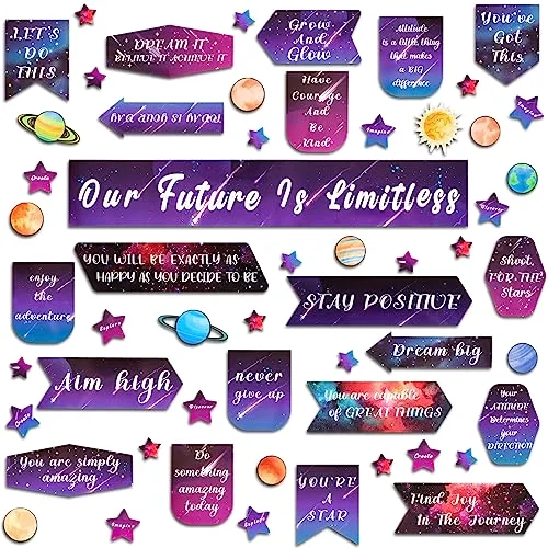 55 Pcs Galaxy Motivational Classroom Bulletin Board Decoration Outer Space Our Future is Limitless Banner Star Cutout Mindset Inspiration Poster for Back to School Class Chalkboard Wall Decor