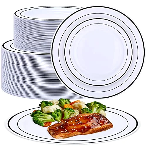 100 Pcs Plastic Plates for Party, Disposable Plates Heavy Duty, Plastic Dinnerware Set Include 50 10" Dinner and 50 7.5" Dessert Plate with Elegant Rim for Wedding Graduation Party