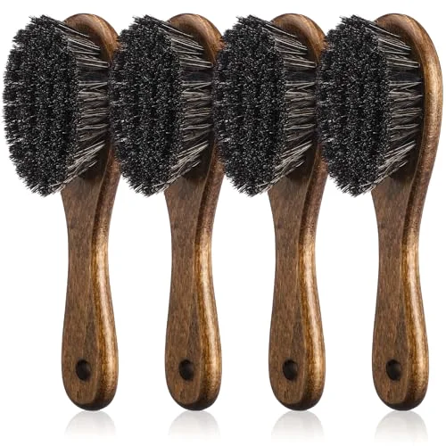 4 Pieces Barber Fade Brush Set with Natural Fiber Wooden Handle Beard Styling Brush, Neck Duster, and Cleaning for Men's Grooming