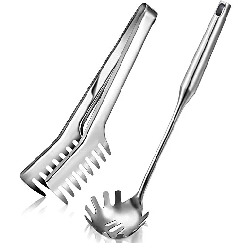 Stainless Steel Spaghetti Spoon and Pasta Tongs Set, Long Handle Noodle Server Tools with Drain Holes, Non-slip Grip for Cooking, Serving Pasta and Noodles