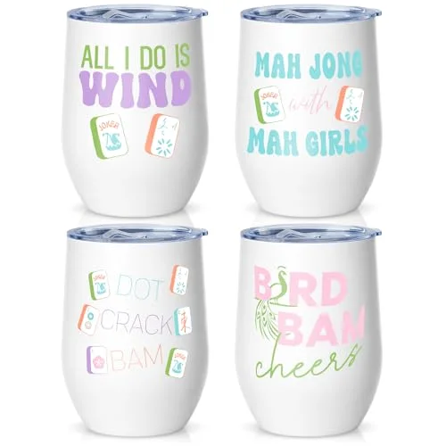 4 Pcs Mahjong Tiles Accessories Tumbler, Mah Jong Gifts Stainless Steel Tumbler with Lid and Straw 12oz, Gifts for Mah Jong Players Lovers Travel Coffee Cup