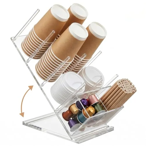 Acrylic Cup and Lid Holder Organizer, 8 Compartment Coffee Cup Organizer, Adjustable Tumbler Rack with Straw Holder for Coffee Station Countertop Office Breakroom Bar