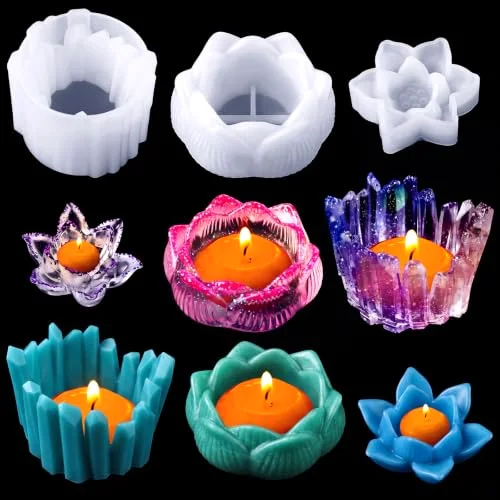 Set of 3 Silicone Candle Holder Molds Crystal Lotus Flower Epoxy Resin Casting Molds for DIY Tealight Holder Jewelry Dish Trinket Box