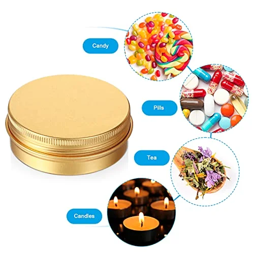 120 Pcs Gold 2 oz Metal Round Tins Salve Tins with Screw Lid Metal Jars Cans Containers 20 Sheets Stickers for Wedding Party Gift Candle Making DIY Salve Spice Candies Balms view 4