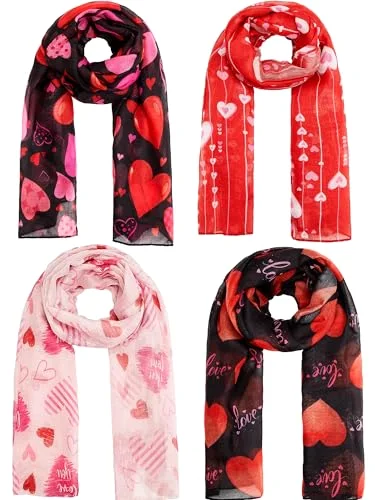 4 Pcs Valentine Scarf for Women Heart Print Scarf Valentines Shawl for Girl Christmas Birthday Valentine Gift