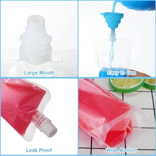 150 Pieces Plastic Liquid Pouch Reusable Juice Pouches Travel Water Leak Proof Bags Bulk with Collapsible Silicone Funnel for Travel Outdoor view 2