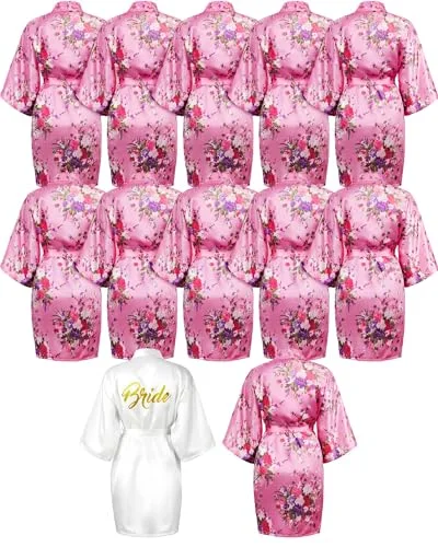 12 Pcs Satin Robes for Bride Bridesmaid Bridal Party,White, Pink