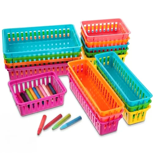 16 Pieces Plastic Classroom Storage Baskets Multi-Size Colorful Storage Trays Pencil Marker Crayon Holder Organizer Baskets for Home Classroom Office Supplies