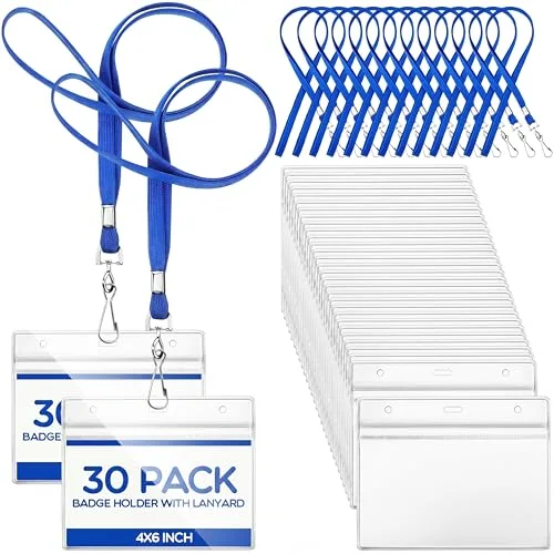 30 Sets Blue 6 x 4 in Name Badge Holders with Lanyards