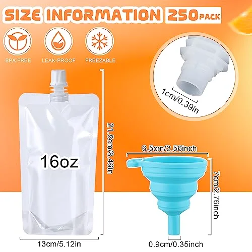 250 Pieces Plastic Liquid Pouch Reusable Juice Pouches Travel Water Leak Proof Bags Bulk with Collapsible Silicone Funnel for Travel Outdoor view 4