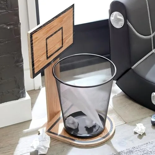 2 Pcs Basketball Trash Can Basketball Hoop Trash Can, Hoop Bin, Waste Basket Game 18x8in Oak-Style Mesh Backboard with Fun Shooting Design, Durable Garbage Bin for Home, Office, Boys Gift