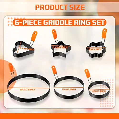 6 Pcs Egg Ring Pancake Ring Set Stainless Steel Fried Egg Molds Griddle Pancake Shapers with Silicone Handle for Breakfast Omelette Sandwich view 3