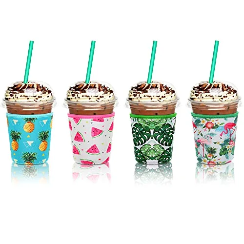 4 Pieces Reusable Iced Coffee Sleeve Cup Insulator for Cold Drinks Beverages and Holder for Most Coffee