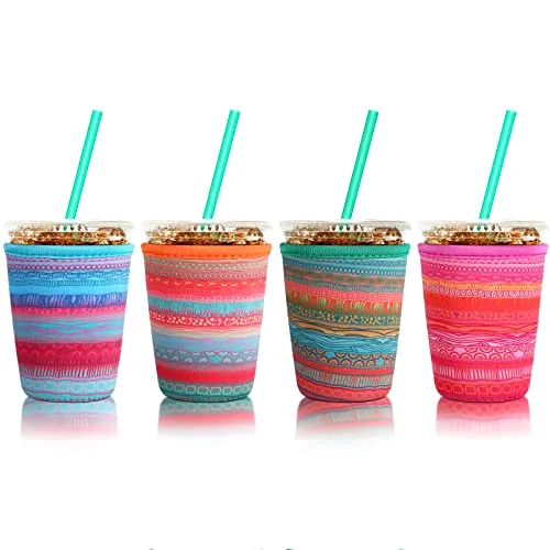 4 Pack Reusable Iced Coffee Insulator Sleeve, Neoprene Coffee Cup Holder for Iced Hot Drinks, Beverage Holder for Most Drinks