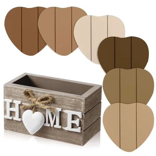 6 Pcs Wooden Heart Coasters Set with Holder, Home, Warm Brown