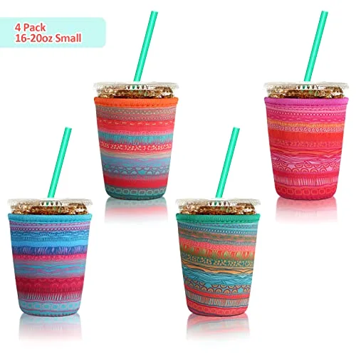 4 Pack Reusable Iced Coffee Insulator Sleeve, Neoprene Coffee Cup Holder for Iced Hot Drinks, Beverage Holder for Most Drinks view 3