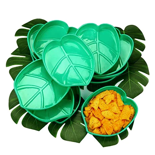 12 Set Palm Leaf Snack Tray Hawaii Reusable Food Tray with Tropical Imitation Green Plant Leaves, Cookies Chips, Candy Dip, for Jungle Island Luau Party Decorations Birthdays, 8.3 x 7 Inch