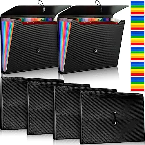 6 Pack File Folder Organizer 13 Pocket Expanding File Folder A4 Letter Size Paper Document Receipt Organizer with Labels and Colored Inside Pages for Classroom, Home, Office and Travel, Black