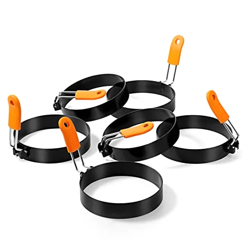 6 Pcs Professional Egg Ring Pancake Ring Set Stainless Steel Fried Egg Molds Griddle Pancake Shapers with Orange Silicone Handle for Breakfast Omelette Sandwich