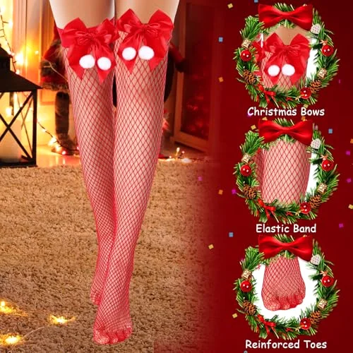 2 Pairs Fishnet Thigh High Stockings Gloves Set, Red Mesh Bow view 4