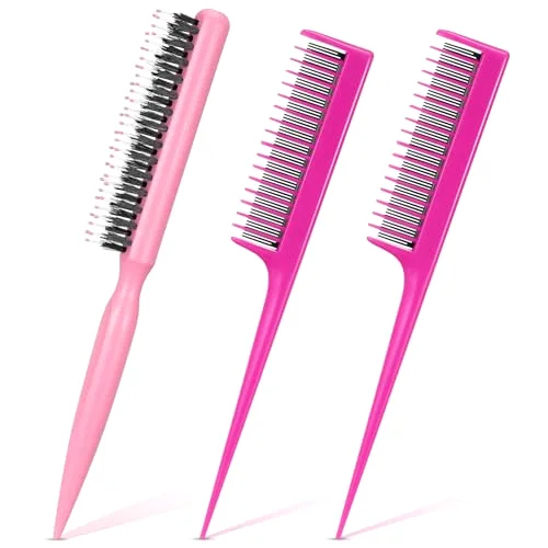 3 Pcs Hair Teasing Combs Boar Bristle Brush Triple Tooth,Pink