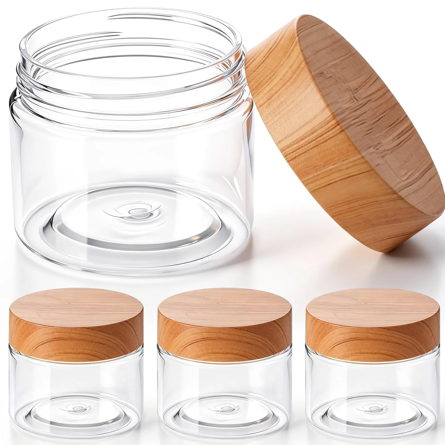 4 Pcs Plastic Jars Wide Mouth with Lids,2 Ounce,Wood