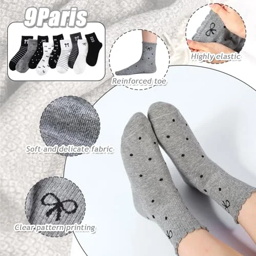 9 Pairs Cute Floral Socks Women Bow Ankle Crew Socks with Ruffle Tulip Flower Cottagecore Frilly Cotton Knitted Gifts view 4