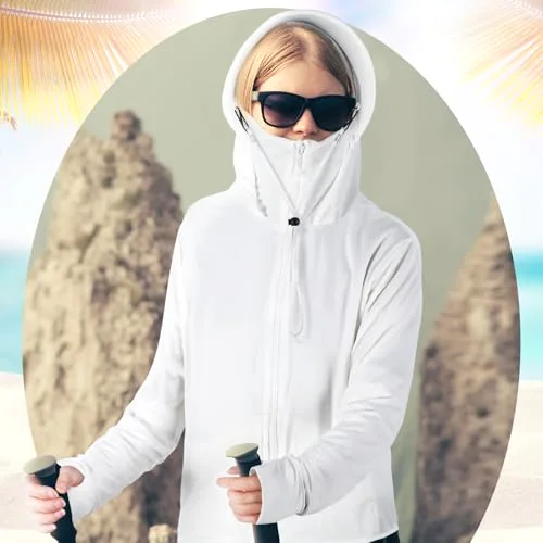3pcs Women's Sun Protection Hoodie Clothing UPF 50+ Jacket with Face Mask Lightweight Full Zip up Long Sleeve Sun Shirt Hiking Running Outdoor Cool UV Block White Pink Blue view 3
