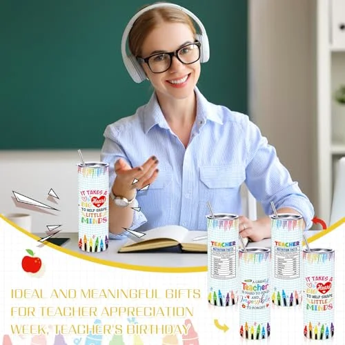 2 Pcs Back to School Teacher Gift Tumbler Composition Book 20 oz Skinny Tumbler Stainless Steel Cup with Lid Straw Brush Thank You Present view 2