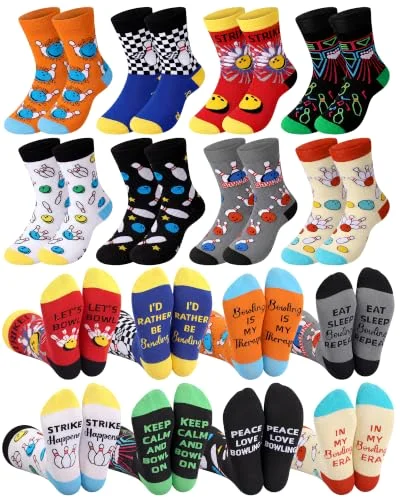 8 Pairs Funny Bowling Socks for Teen Youth Novelty Crew Socks Bowling Lover Multicolor Gifts for Teens Bowlers