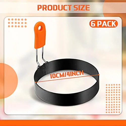6 Pcs Professional Egg Ring Pancake Ring Set Stainless Steel Fried Egg Molds Griddle Pancake Shapers with Orange Silicone Handle for Breakfast Omelette Sandwich view 3