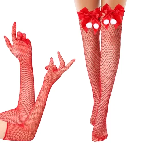 2 Pairs Fishnet Thigh High Stockings Gloves Set, Red Mesh Bow
