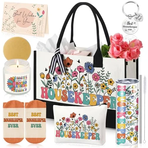 7 Pcs Housekeeping Appreciation Gifts Housekeeping Week Thank You Housekeeper Birthday Gift Set with 20 oz Tumbler Canvas Tote Makeup for Housekeepers House Cleaner Lady Custodian Employees