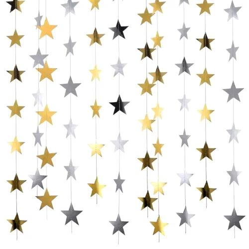 130 Feet 2026 Star Garland Double Sided, Gold and Silver