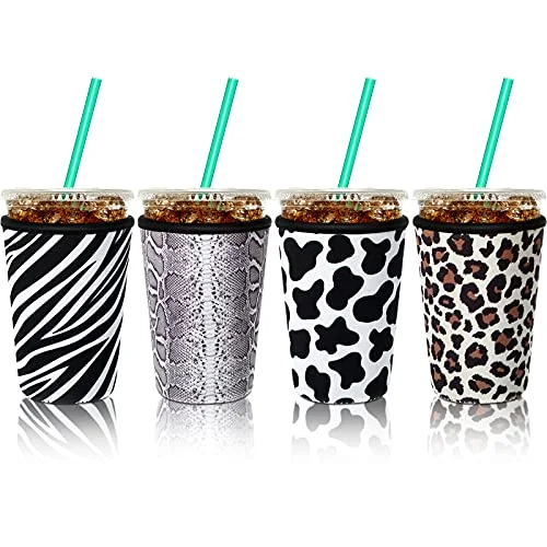 4 Pack Reusable Iced Coffee Insulator Sleeve, Neoprene Coffee Cup Holder for Iced Hot Drinks, Beverage Holder for Most Drinks