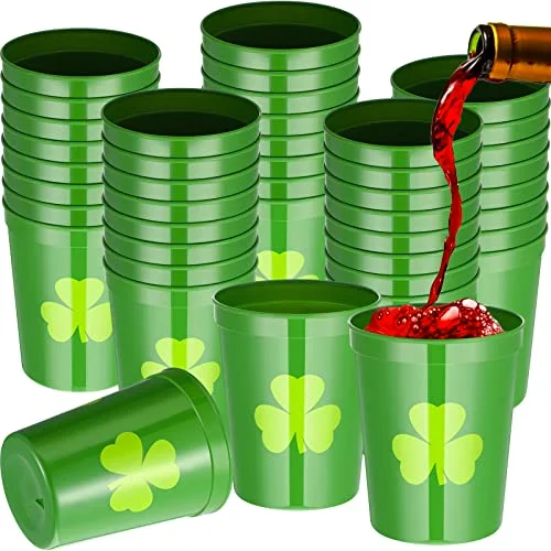 32 Pcs St Patricks Day Party Plastic Cups Bulk 16 oz Reusable Lucky Shamrock Cups for St Patricks Day Party Adults Drink Snacks Irish Festival Favors Supplies