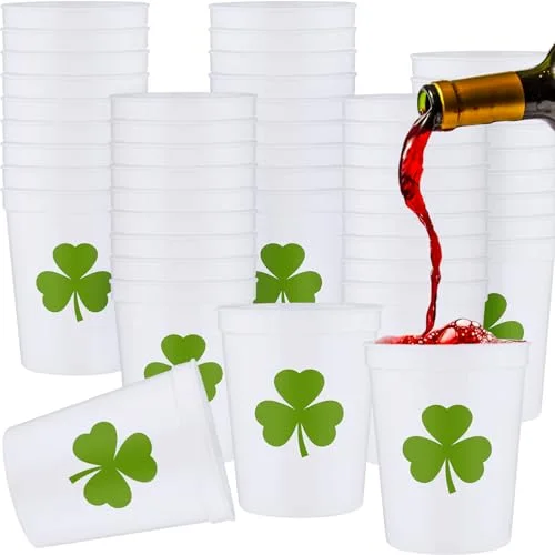 32 Pcs St Patricks Day Party Plastic Cups Bulk 16 oz Reusable Lucky Shamrock Cups for St Patricks Day Party Adults Drink Snacks Irish Festival Favors Supplies