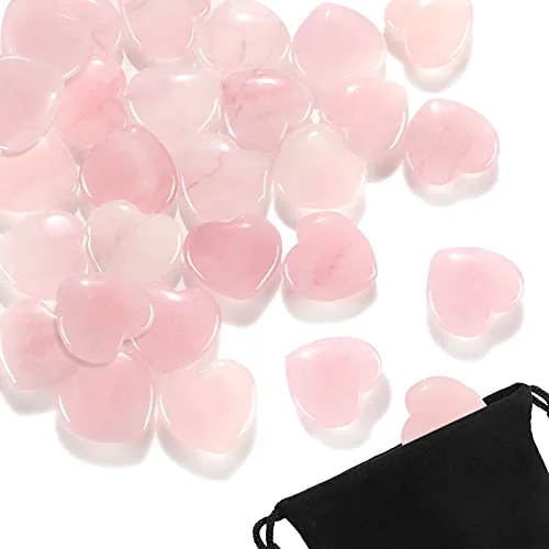 24 Pcs Rose Quartz Heart Crystals 0.8 Inch Small Pink Heart Shaped Worry Stones Mini Natural Healing Palm Thumb Meditation Gemstone Set with Velvet Pouch for Women Anniversary Birthday