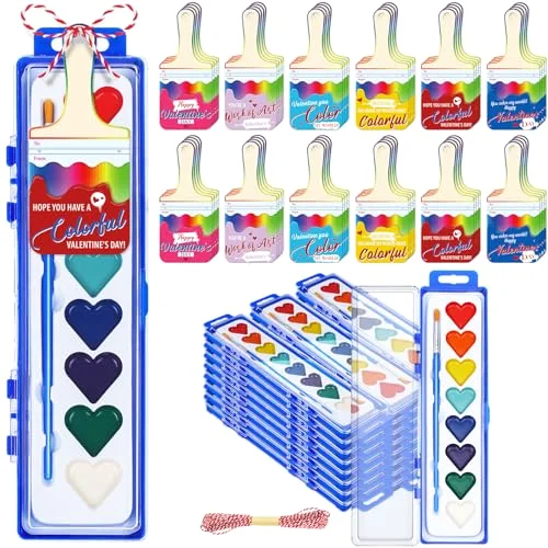 48 Sets Valentine Watercolor Paint Set Valentines Cards with Watercolor Paint Bulk Cards Set for Party Exchange Gifts