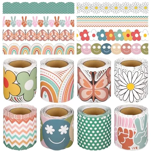 8 Rolls 262.4 ft Retro Groovy Classroom Bulletin Board Borders Decoration Colorful Daisy Flower Rainbow Butterfly Self-Adhesive Border Trim for Hippie Back to School Classroom Office